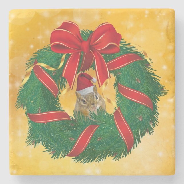 Niedlicher Chipmunk Weihnachtskranz Steinuntersetzer (Vorderseite)