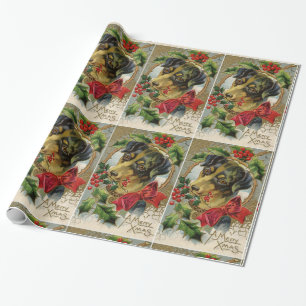 NIEDLICHER CHRISTMAS HUND MIT ROTER BOW UND HOLLYB GESCHENKPAPIER