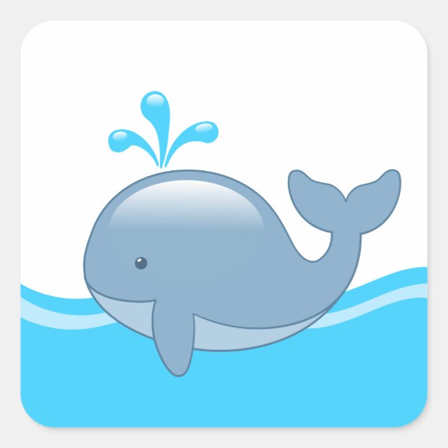 Niedlicher Chubby Cartoon Whale im Ozean Quadratischer Aufkleber (Vorderseite)