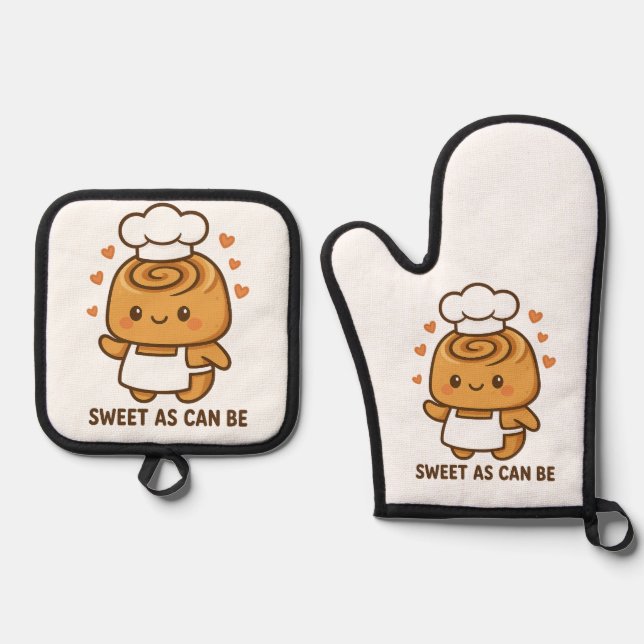 "Niedlicher Cinnamon Roll Koch - Kawaii Backdesign Ofenhandschuh & Topflappen-Set (Vorderseite)