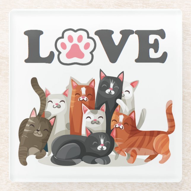 Niedlicher Clowder Cat Illustration mit LIEBE Glasuntersetzer (Vorderseite)
