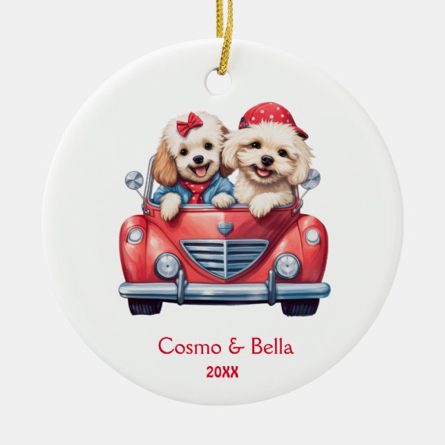 Niedlicher Cockapoo Doodle Welpe Hund in einem Aut Keramik Ornament (Vorne)