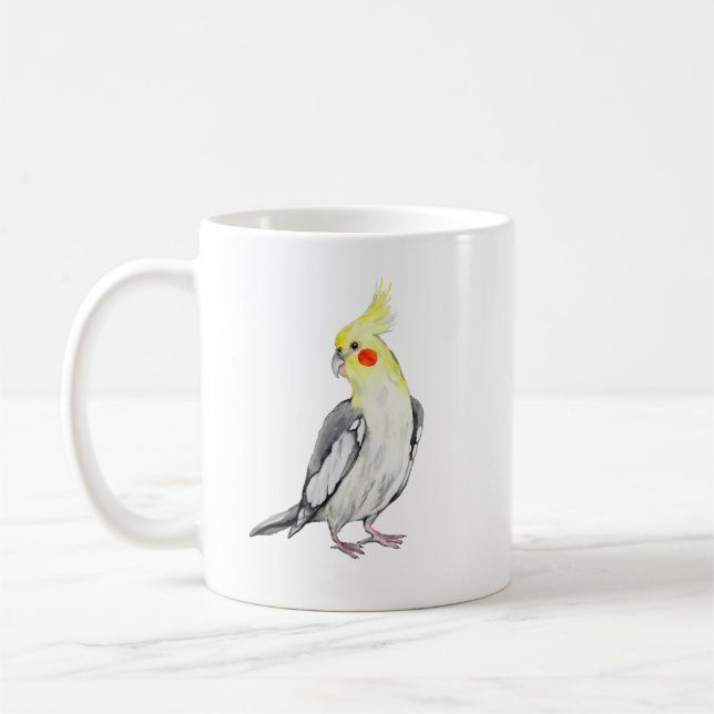 Niedlicher Cockatiel Aquarellpapagei. Kaffeetasse (Links)
