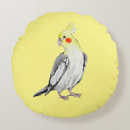 Niedlicher Cockatiel-Aquarellpapagei. Rundes Kissen