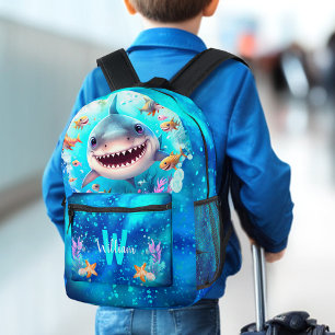 Niedlicher Cooler Happy Shark Blue Ocean Name Mono Bedruckter Rucksack