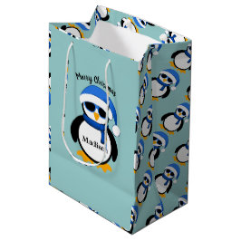 Niedlicher cooler Pinguin Frohe Weihnachten Blue P Mittlere Geschenktüte