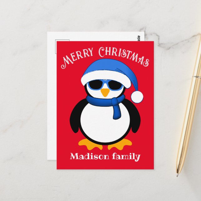 Niedlicher cooler Pinguin Frohe Weihnachtsrot Postkarte (Vorderseite/Rückseite Beispiel)