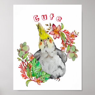 Niedlicher Corella-Papagei in tropischen Blume Kin Poster