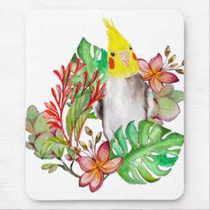 Niedlicher Corella-Papagei in tropischen Pflanze u Mousepad