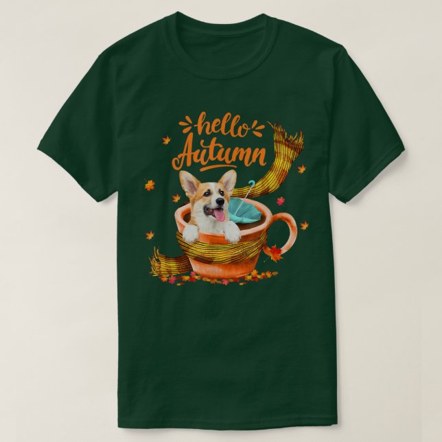 Niedlicher Corgi Coffee Cup Hallo Herbst T-Shirt (Design vorne)