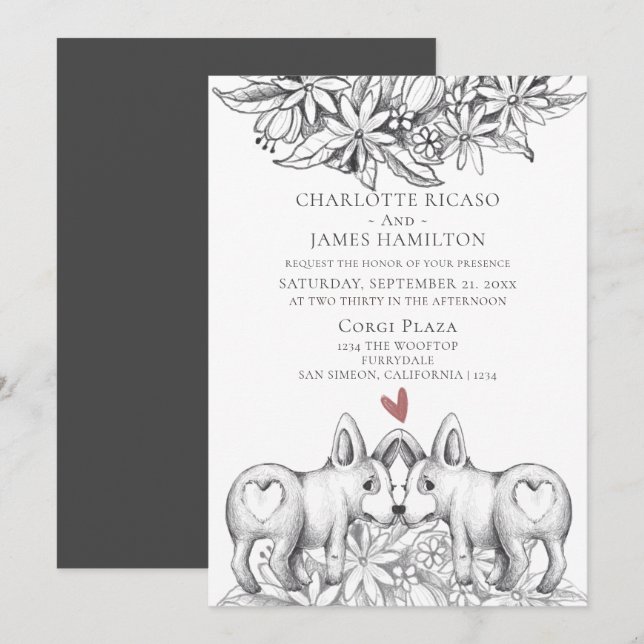 Niedlicher Corgi Dog Pencil Zeichnend Hochzeit Einladung (Vorne/Hinten)
