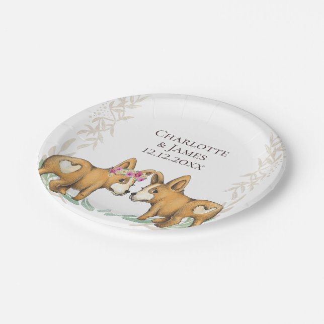 Niedlicher Corgi Dog Wedding Couple Personalisiert Pappteller (Schrägansicht)
