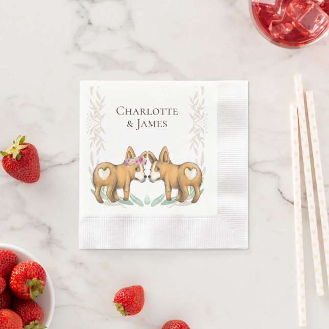 Niedlicher Corgi Dog Wedding Couple Personalisiert Serviette (Beispiel)