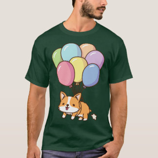 Niedlicher Corgi-Flug mit Regenbogenballons T-Shirt