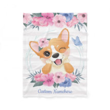 Niedlicher Corgi Hund Blume Wreath Blue Butterfly