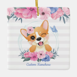 Niedlicher Corgi Hund Blume Wreath Blue Butterfly  Keramikornament