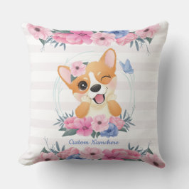 Niedlicher Corgi Hund Blume Wreath Blue Butterfly  Kissen