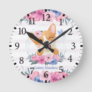 Niedlicher Corgi Hund Blume Wreath Blue Butterfly  Runde Wanduhr