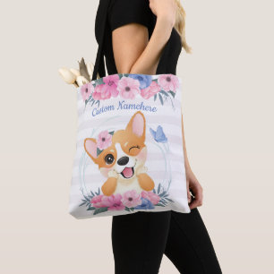 Niedlicher Corgi Hund Blume Wreath Blue Butterfly  Tasche
