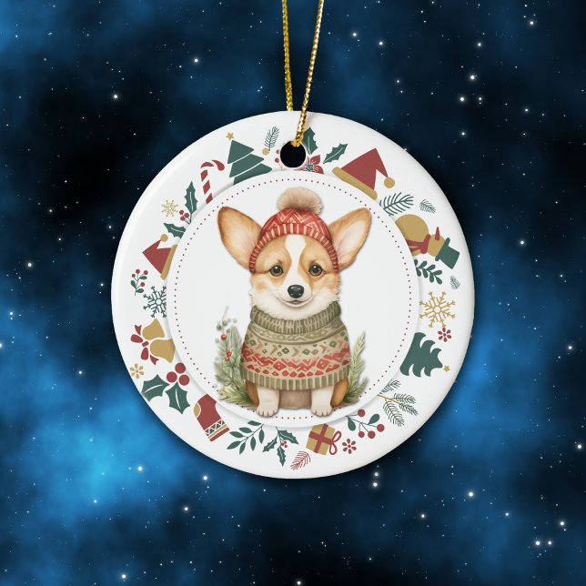 Niedlicher Corgi Hund im Winter Sweater Weihnachte Keramik Ornament (Von Creator hochgeladen)
