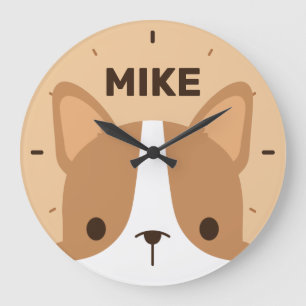 Niedlicher Corgi Hund mit Personalisiertem Namen G Große Wanduhr