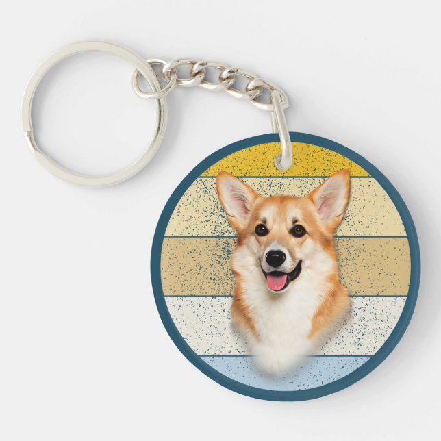 Niedlicher Corgi Hund Retro Hintergrund Schlüsselanhänger (Vorderseite)