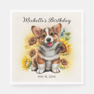 Niedlicher Corgi Hund Sonnenblumen Geburtstag Serviette