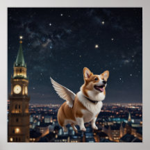 Niedlicher Corgi mit Flügen über einem Stadthimmel