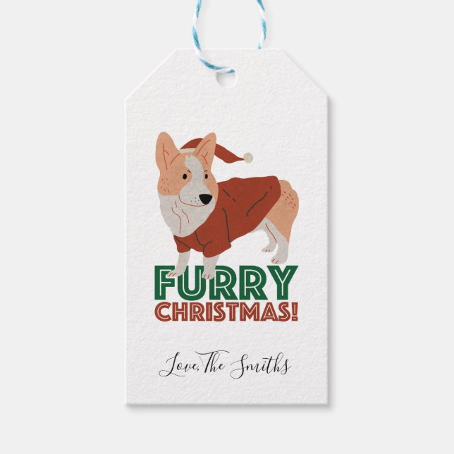 Niedlicher Corgi mit Weihnachtspun: Weihnachten Geschenkanhänger (Vorderseite)