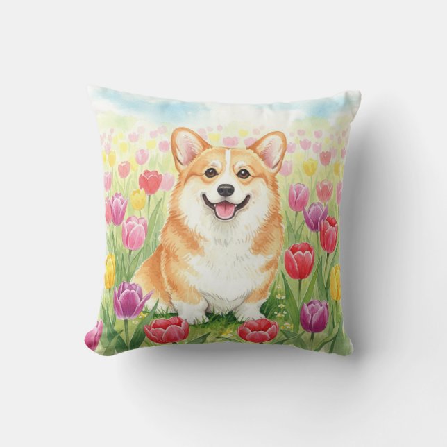Niedlicher Corgi Tulips Frühlingspilz Kissen (Vorderseite)