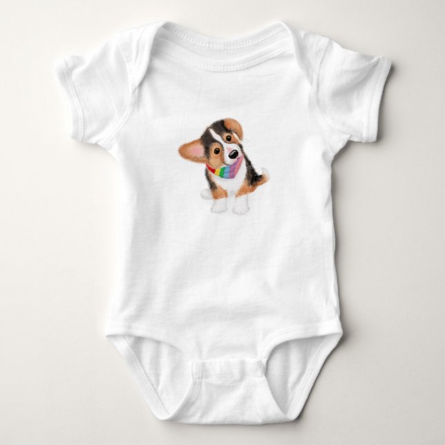 Niedlicher Corgi-Welpe in Regenbogenbandana-Babybo Baby Strampler (Vorderseite)