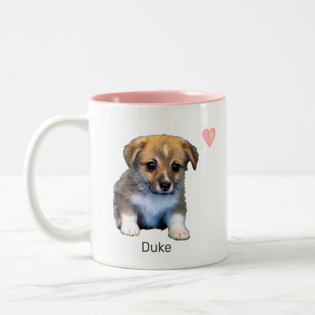 Niedlicher Corgi Welpen Hund & Herz Zweifarbige Tasse (Links)