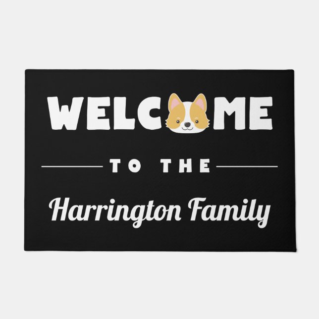 Niedlicher Corgi-Willkommens-Familienname Fußmatte (Vorderseite)