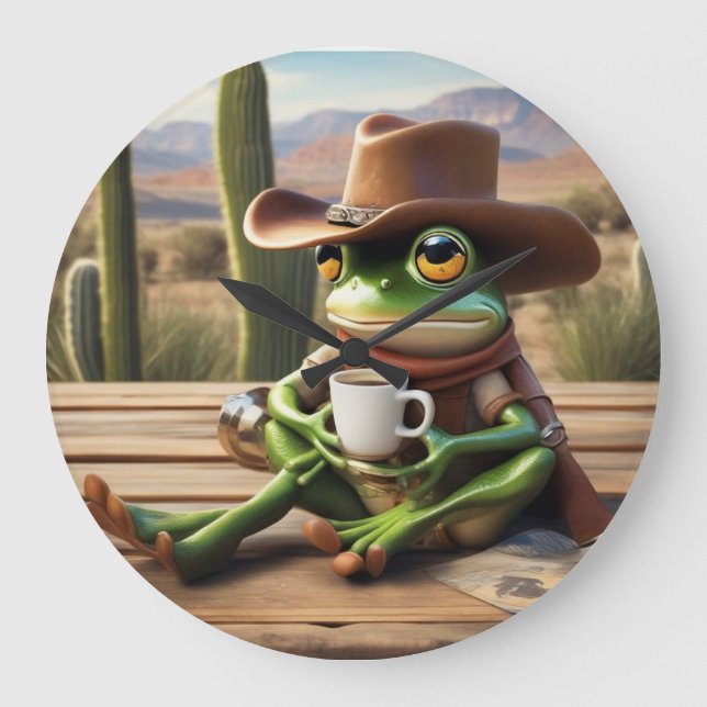 Niedlicher Cowboy Frosch mit Kaffeemaschine Große Wanduhr (Vorderseite)