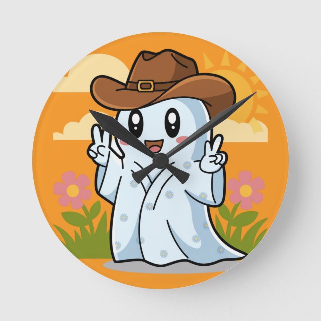 Niedlicher Cowboy-Geist zu Halloween-Fun-Dekoratio Runde Wanduhr (Vorderseite)