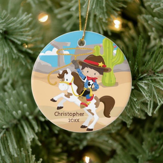 Niedlicher Cowboy Horseback Junge Weihnachtsschmuc Keramik Ornament (Baum)