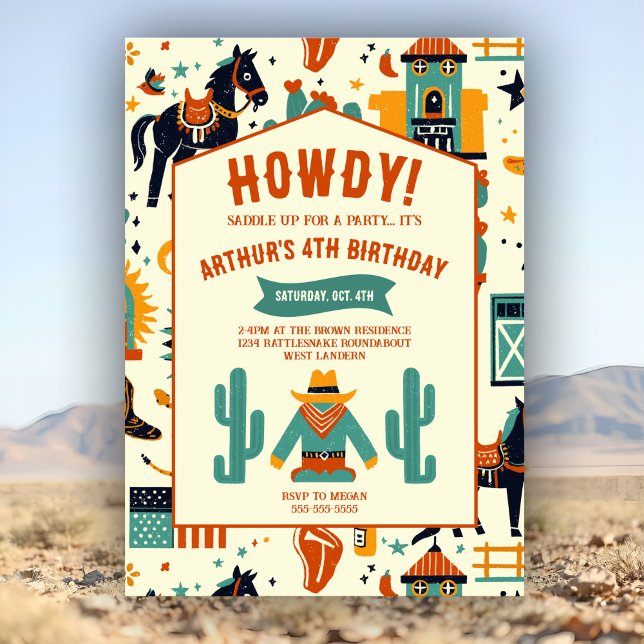 Niedlicher Cowboy Kindergeburtstag Whimsical Wild  Einladung (Whimsical cowboy birthday invite with playful wild west art in trendy southwest desert colors.)
