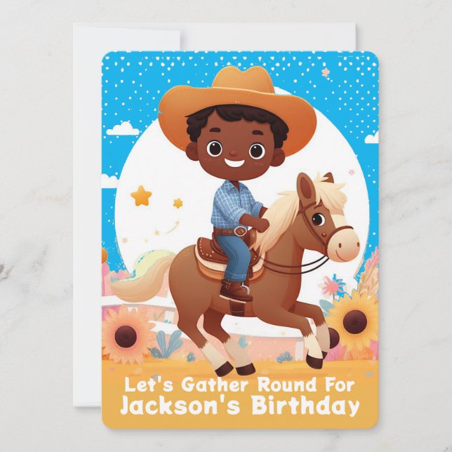 Niedlicher Cowboy Reiten Geburtstag Einladung (Vorderseite)