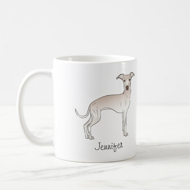 Niedlicher, cremiger, griechischer Cartoon-Hund Kaffeetasse (Links)