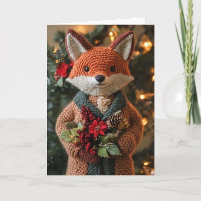 Niedlicher Crocheted Christmas Fox Feiertagskarte (Vorderseite)