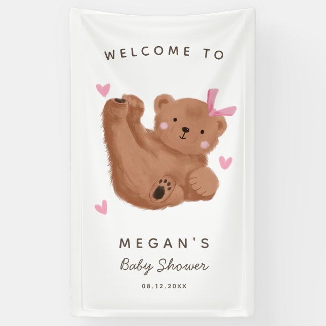 Niedlicher Cub Bear Pink Babydusche Willkommen Banner (Vertikal)