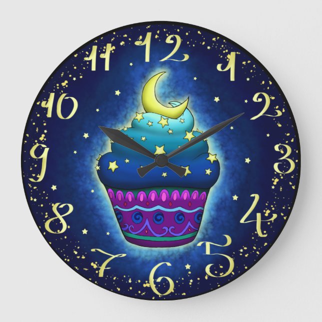 Niedlicher Cupake mit Mond und Sternen Große Wanduhr (Vorderseite)
