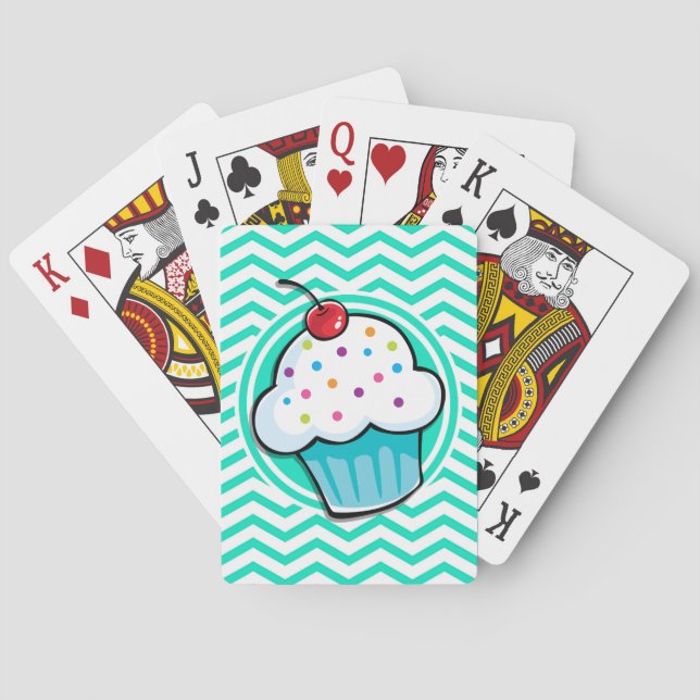Niedlicher Cupcake; Aqua Green Zickzack Spielkarten (Rückseite)
