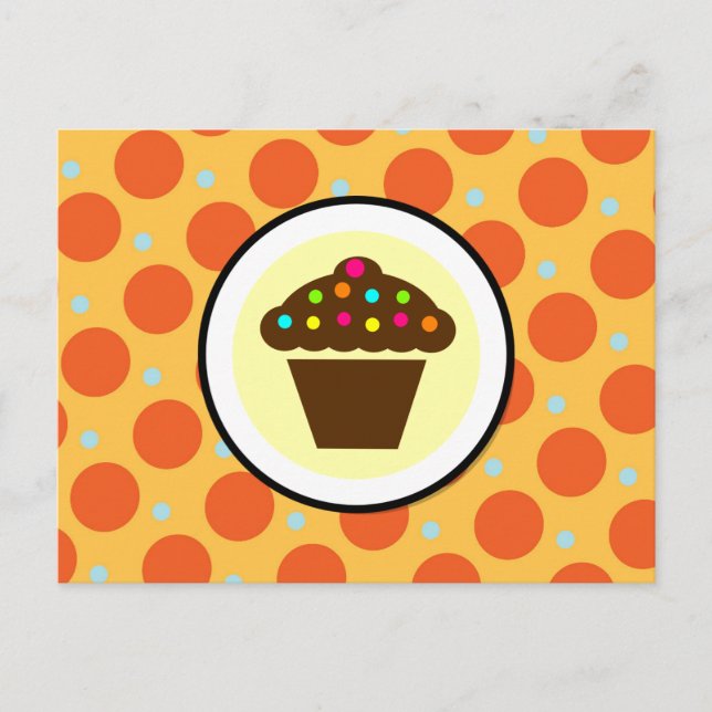 Niedlicher Cupcake auf orangefarbenen, gelben Polk Postkarte (Vorderseite)