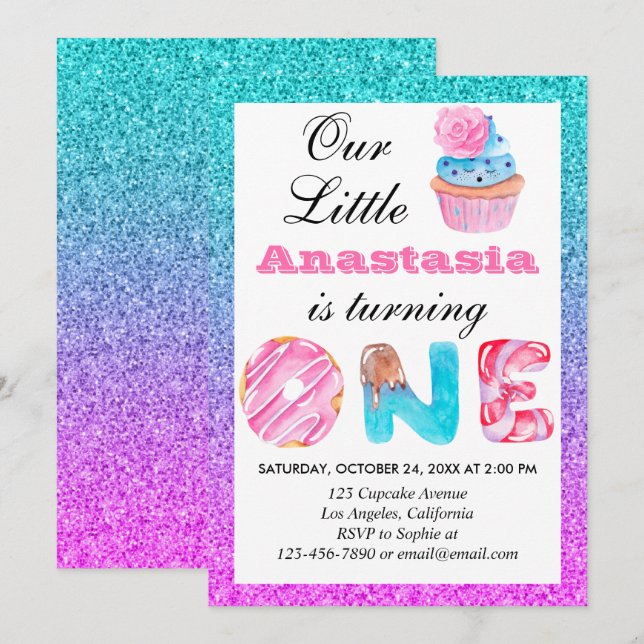 Niedlicher Cupcake Blue Lila Glitzer 1. Geburtstag Einladung (Vorne/Hinten)