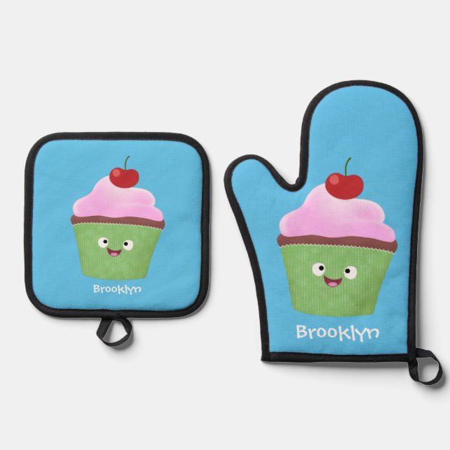 Niedlicher Cupcake Cartoon Ofenhandschuh & Topflappen-Set (Vorderseite)
