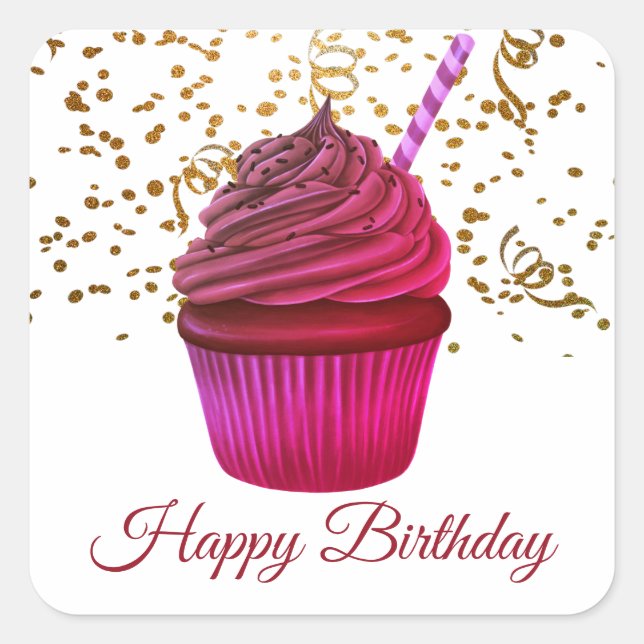 Niedlicher Cupcake mit Confetti Happy Birthday Quadratischer Aufkleber (Vorderseite)