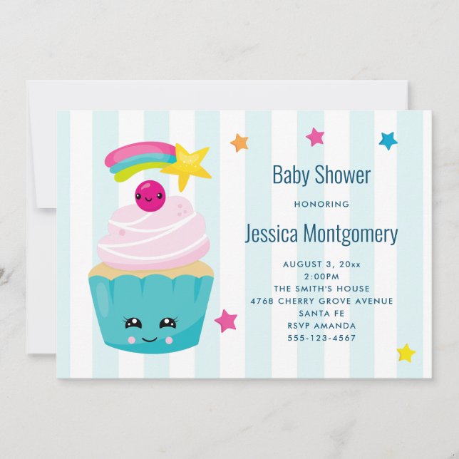 Niedlicher Cupcake mit Kawaii Face Baby Dusche Einladung (Vorderseite)
