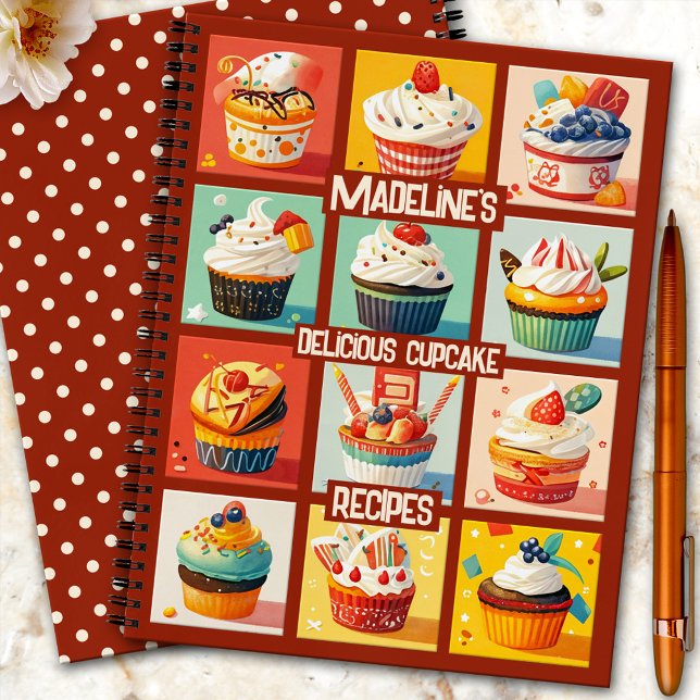 Niedlicher Cupcake Rezept Notizbuch (Cute colorful cookbook notebook featuring an illustration of cupcakes. With simple retro polka dots)