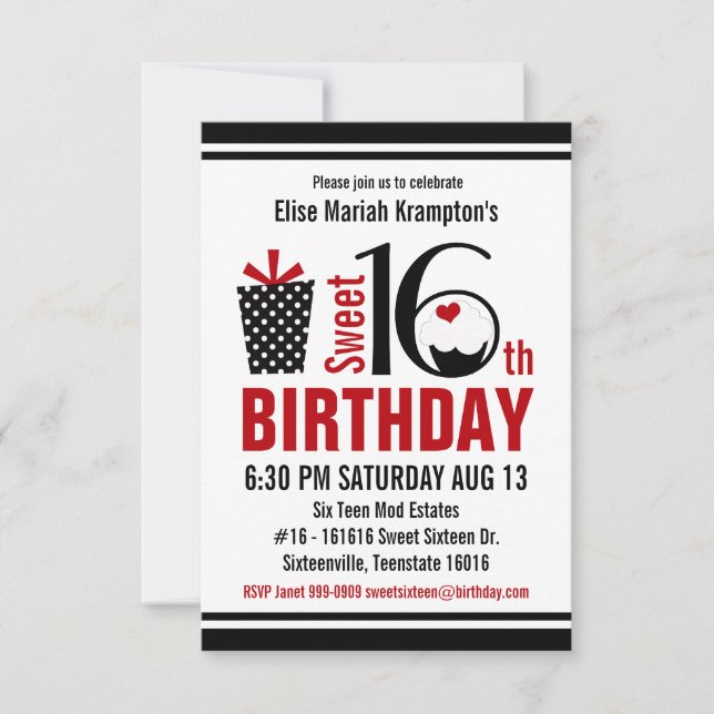 Niedlicher Cupcake Schwarz und Roter Sweet 16 Gebu Einladung (Vorderseite)